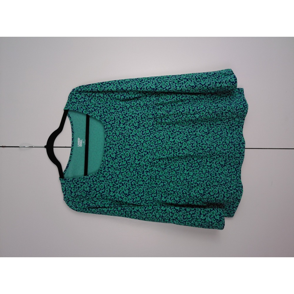 Lands End Womens Green Floral Square Neck Empire Waist Long Sleeve Top Small 6-8